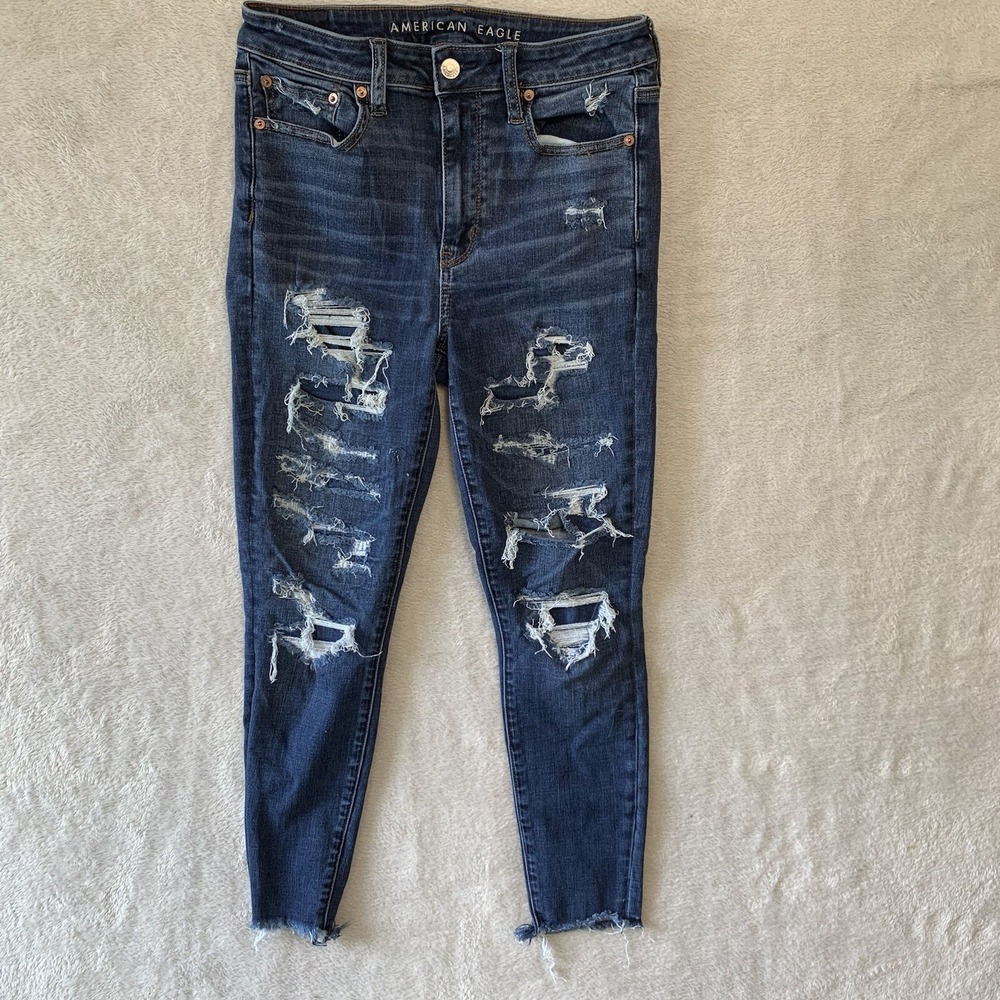 American Eagle Super Hi-Rise Jegging Women‎ 8 short Dark Blue Excellent Distress
